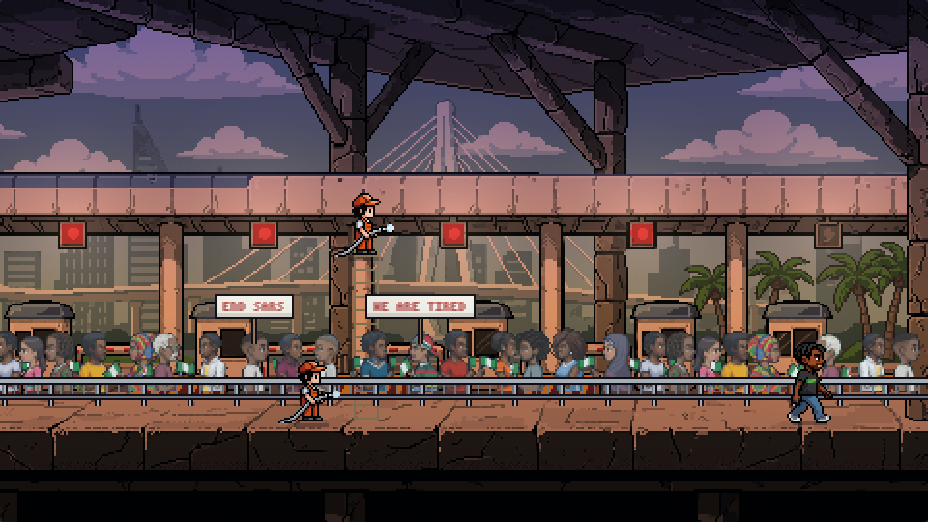 The crowd at the toll gate at dusk