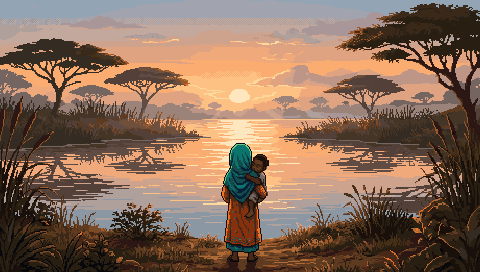 A girl carrying her little brother at a river at dawn