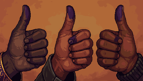 Three thumbs stained purple with voter's ink